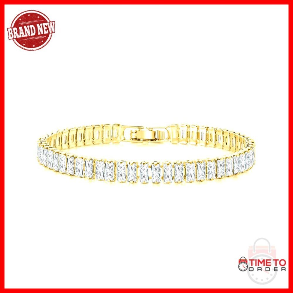 Adjustable Tennis Bracelet with Cubic Zirconia Stones, Brass, 6.5 Inches